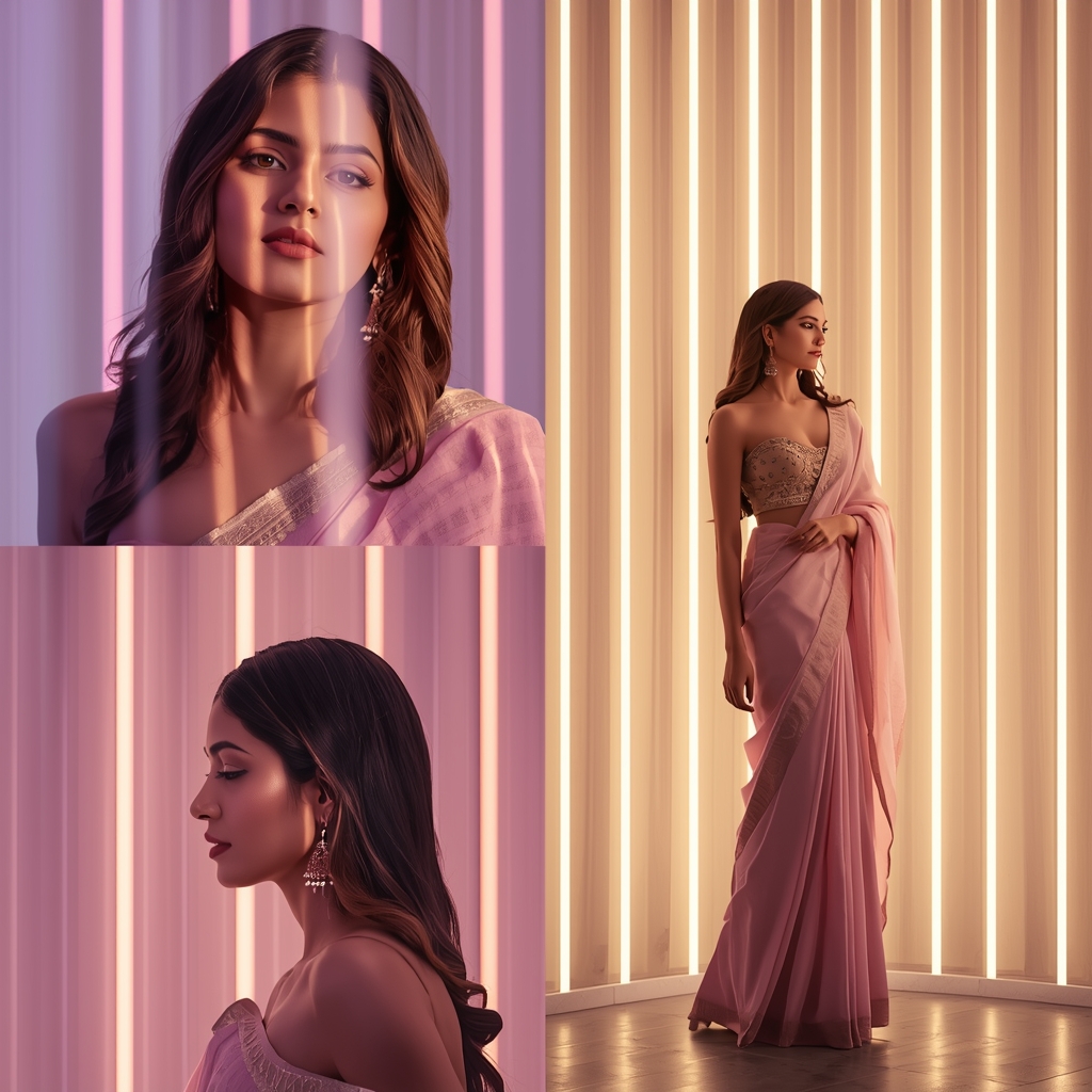 Pastel Saree Light Beam Curtain Luxury Cinematic Prompt | Wedding Saree Ai Prompt