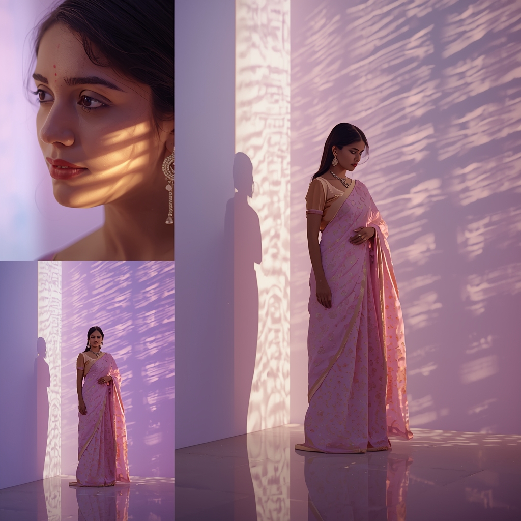 Pastel Saree Light Reflection Ripple Wall Cinematic Prompt | Saree Photoshoot Ai Prompt