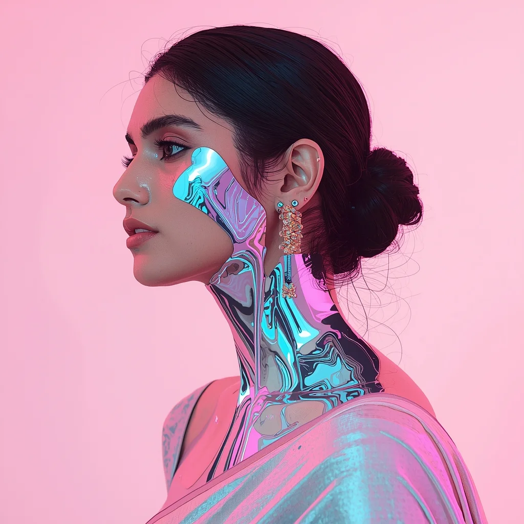 Pastel Saree Liquid Mirror Skin Reflection Morph Cinematic Prompt | Traditional Saree Ai Prompt