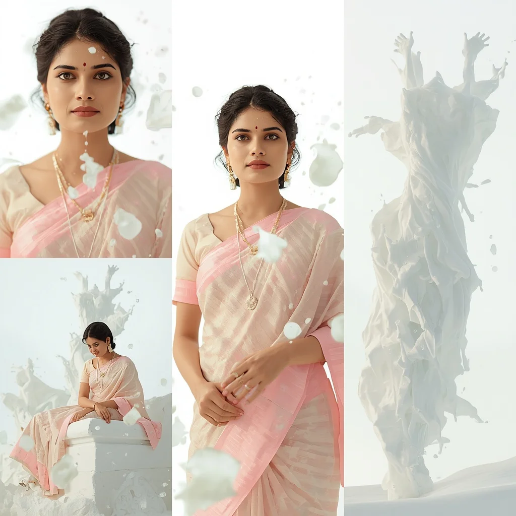 Pastel Saree Milky White Liquid Splash Geometry Lite Background Premium Prompt | Female Model Ai Prompt