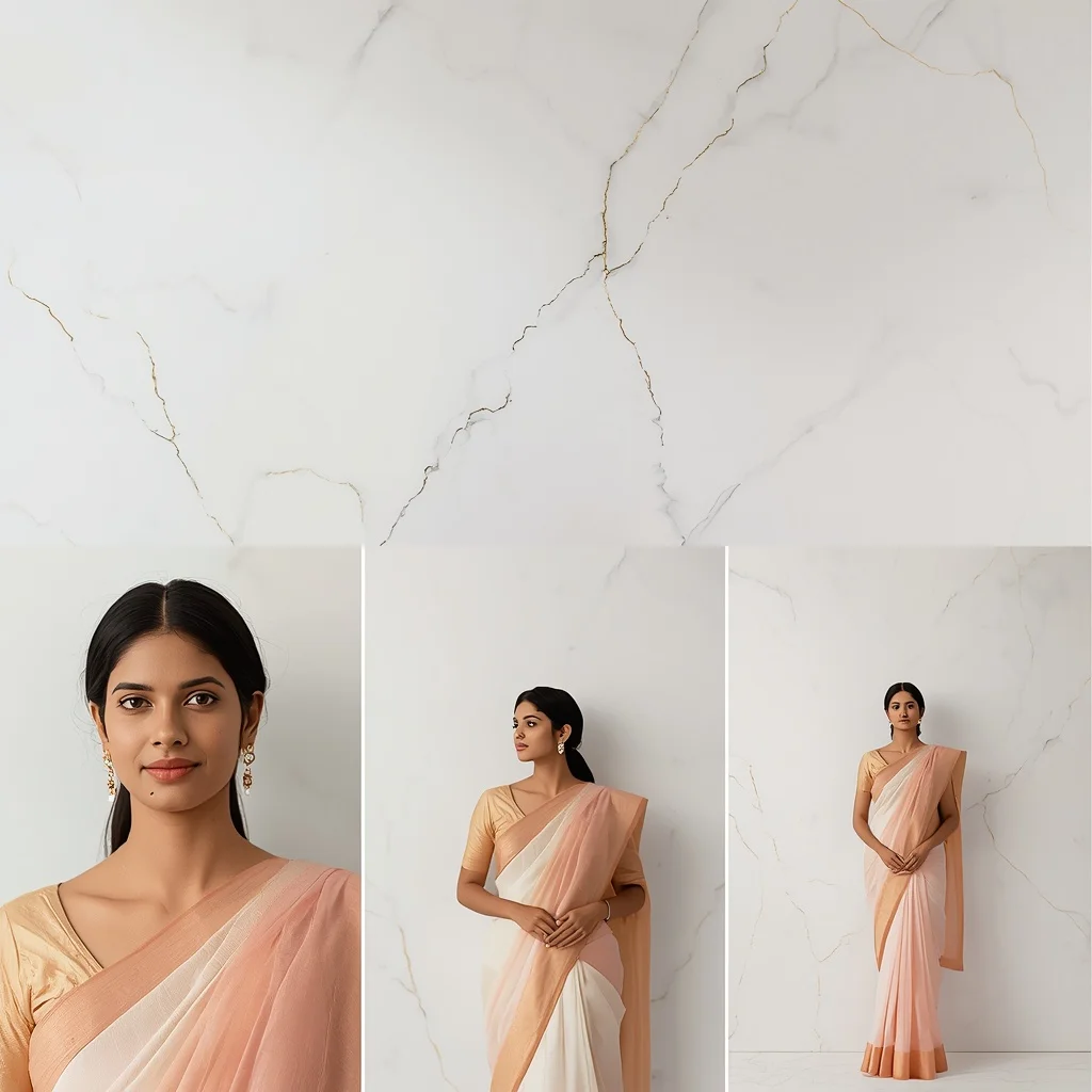 Pastel Saree Minimalist Gold Vein White Marble Lite Background Premium Prompt | Female Model Ai Prompt