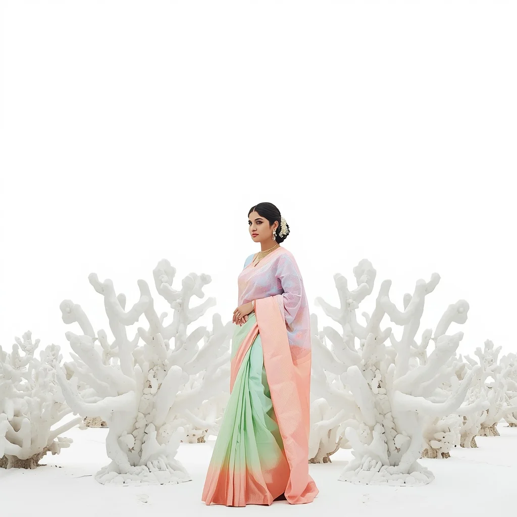 Pastel Saree Minimalist White Coral Lite Background Cinematic Prompt | Trending Prompt Girls