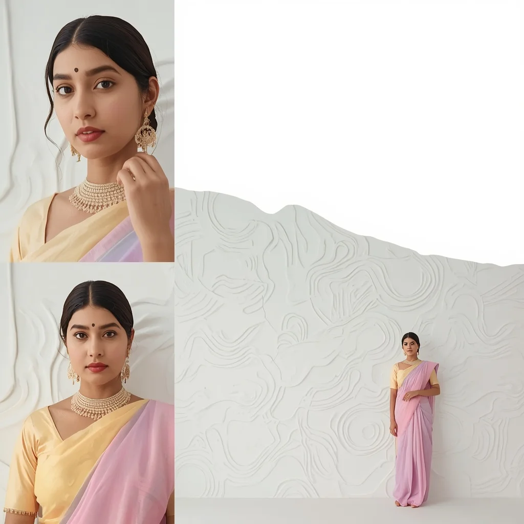 Pastel Saree Minimalist White Gypsum Relief Pattern Wall Lite Background Premium Prompt | Grok Ai Prompt