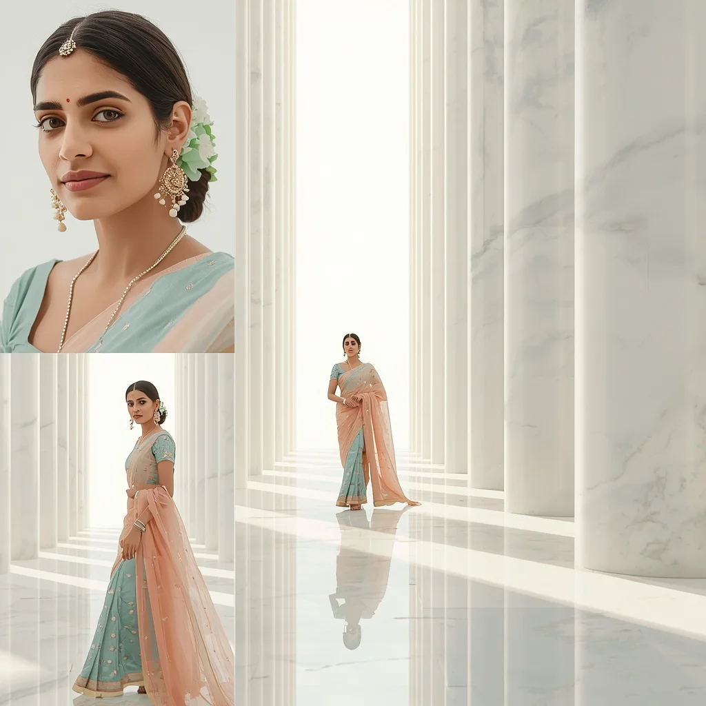 Pastel Saree Minimalist White Marble Pillar Hall Lite Background Premium Prompt | Prompt Ai For Girl Instagram