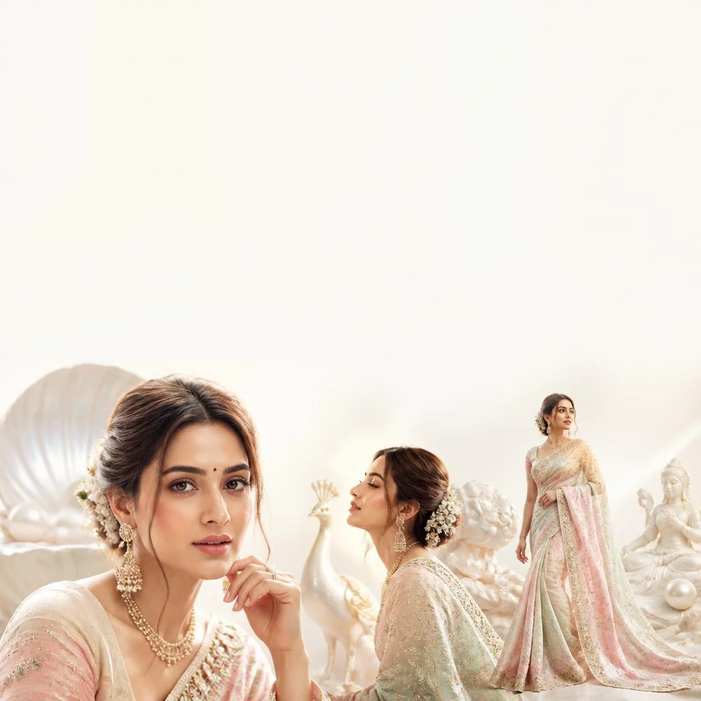 Pastel Saree Mother of Pearl Lite Background Premium Prompt | Prompt Seen Trending Girl