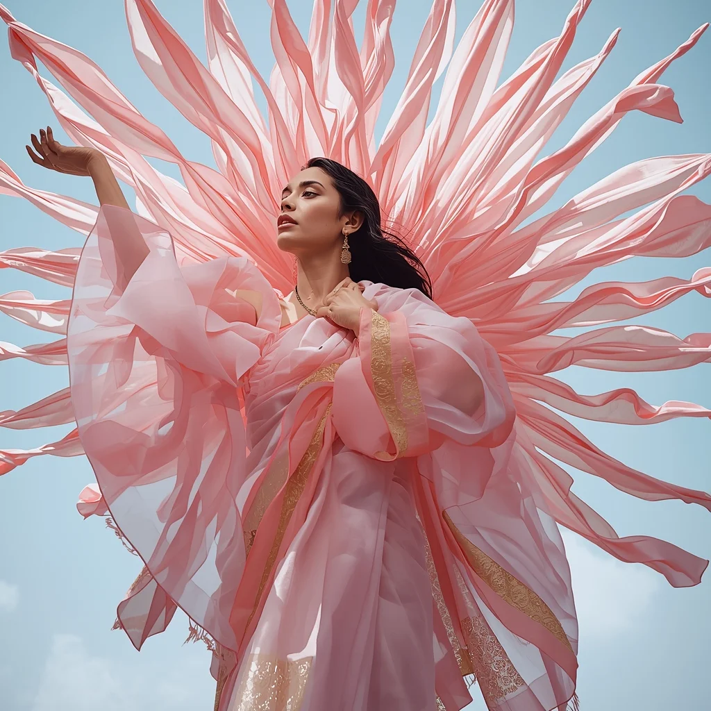 Pastel Saree Motion Freeze Explosion Fabric Expansion Cinematic Prompt | Saree Selfie Ai Prompt