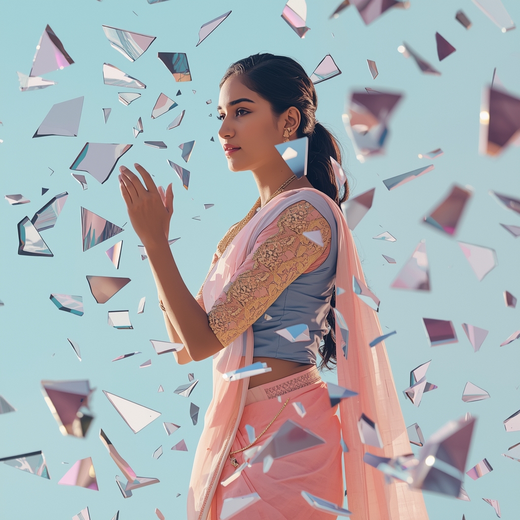 Pastel Saree Reverse Time Shatter Glass Rebuild Cinematic Prompt | Indian Saree Ai Prompt
