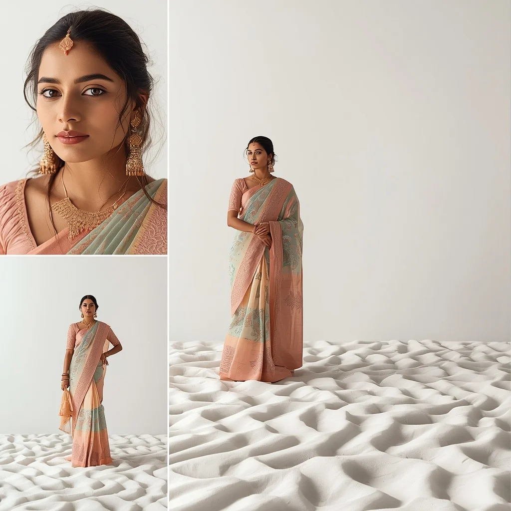 Pastel Saree Sculpted White Sand Dunes Lite Background Premium Prompt | Chatgpt Photo Editing Prompts For Girl Aesthetic