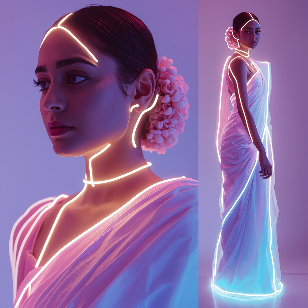 Pastel Saree Soft Neon Outline Glow Cinematic Prompt | Gemini Saree Prompt For Girl