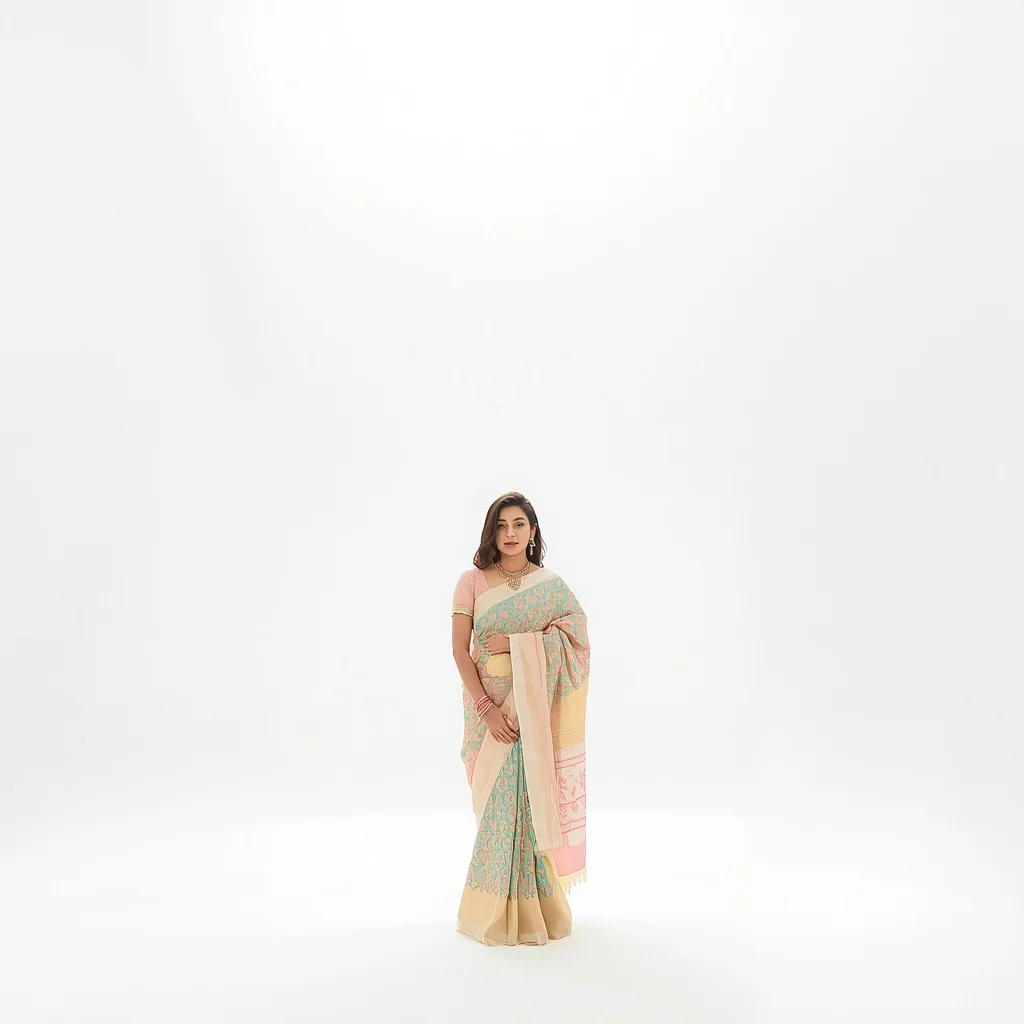 Pastel Saree Soft Volumetric Sunlight Beams Lite Background Premium Prompt | Female Model Ai Prompt