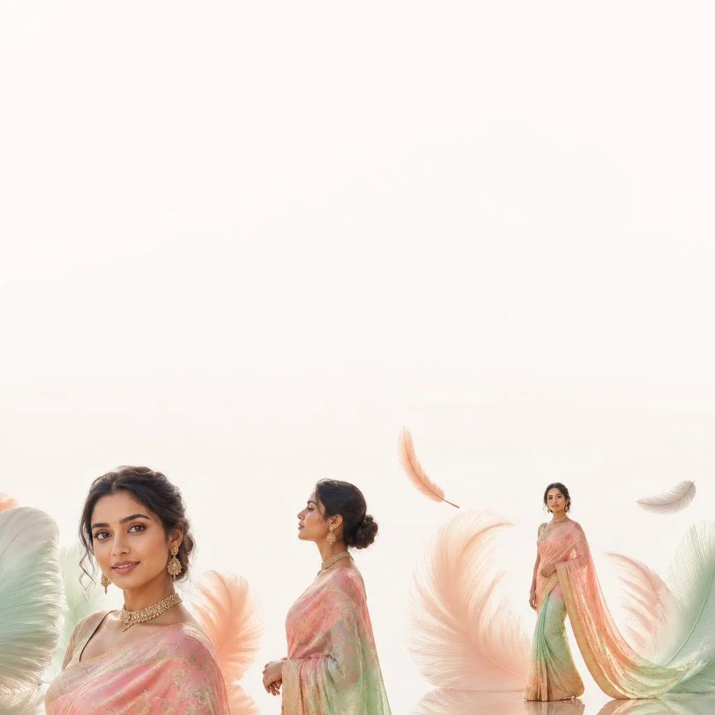 Pastel Saree Surreal Feathered Forms Lite Background Premium Prompt | Editing Prompt Girl