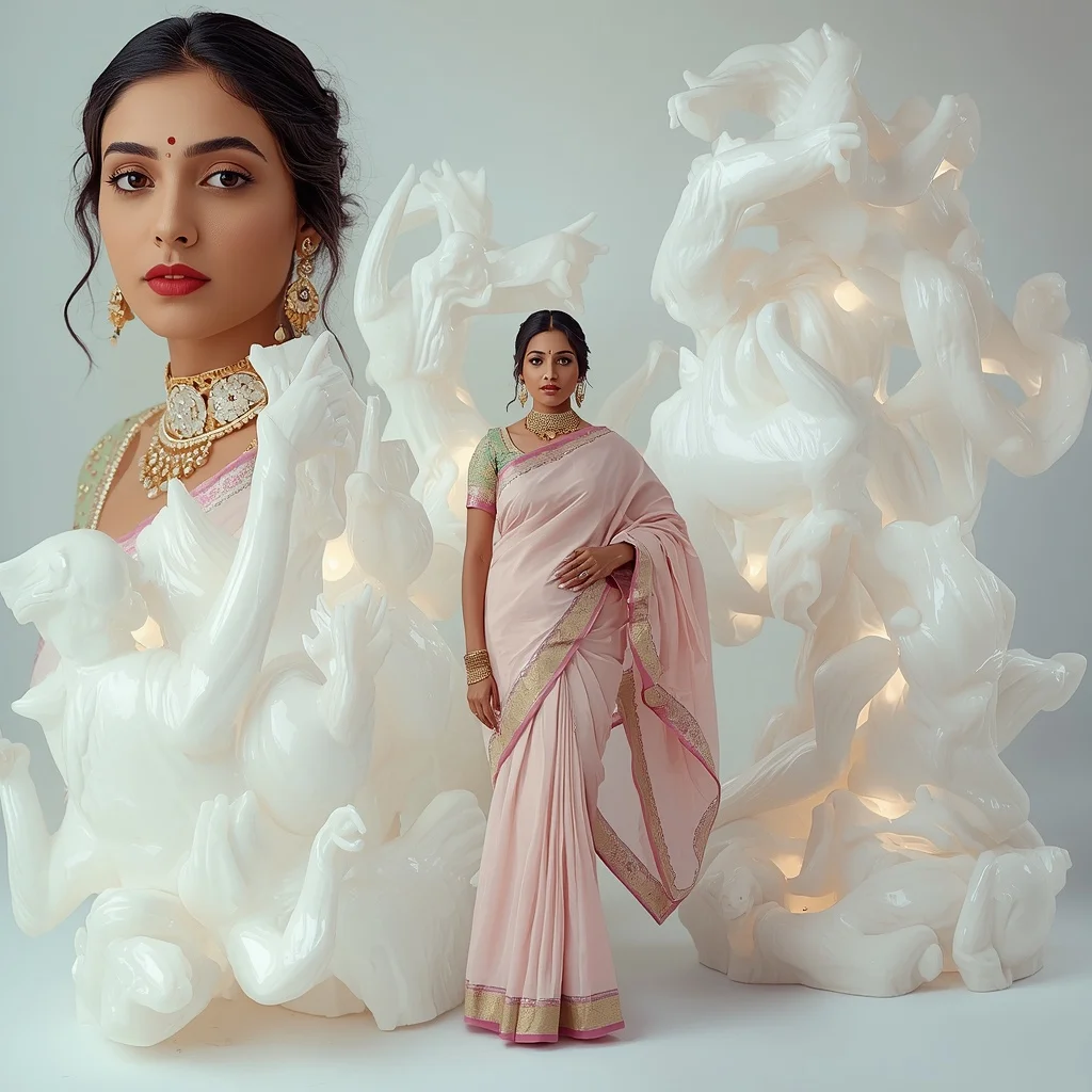 Pastel Saree Translucent White Wax Sculptures Lite Background Cinematic Prompt | Female Model Ai Prompt