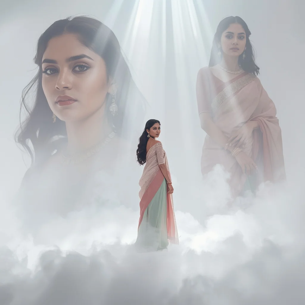 Pastel Saree Volumetric Light Shafts and Grounded Mist Lite Background Cinematic Prompt | Instagram Prompt For Traditional Look For Girl