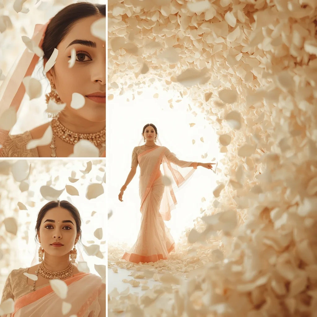 Pastel Saree Vortex of Falling White Rose Petals Lite Background Cinematic Prompt | Prompt Seen Trending Girl 2026 Butterfly