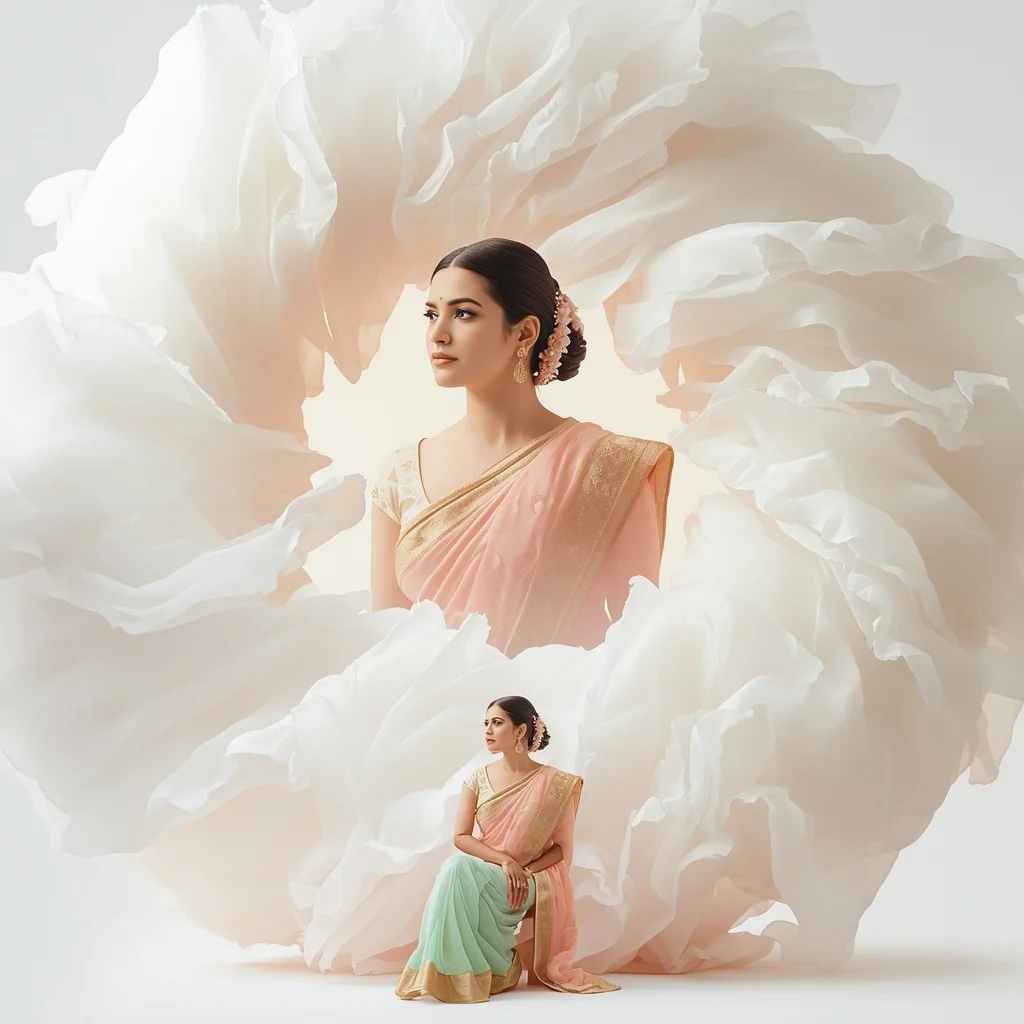 Pastel Saree Whirling Chiffon Clouds Lite Background Premium Prompt | Desi Girl Ai Prompt