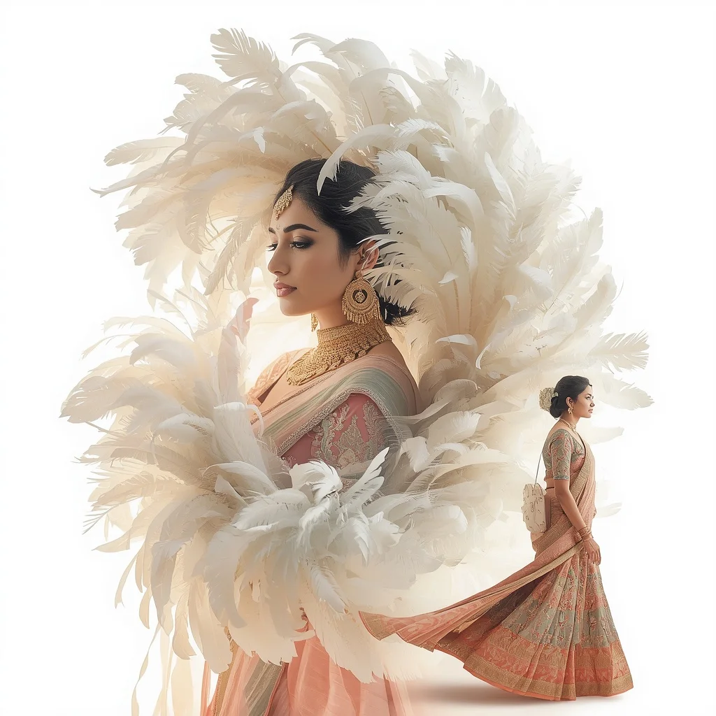 Pastel Saree Whirling Soft Ostrich Plumes Lite Background Viral Prompt | Woman Pose Ai Prompt