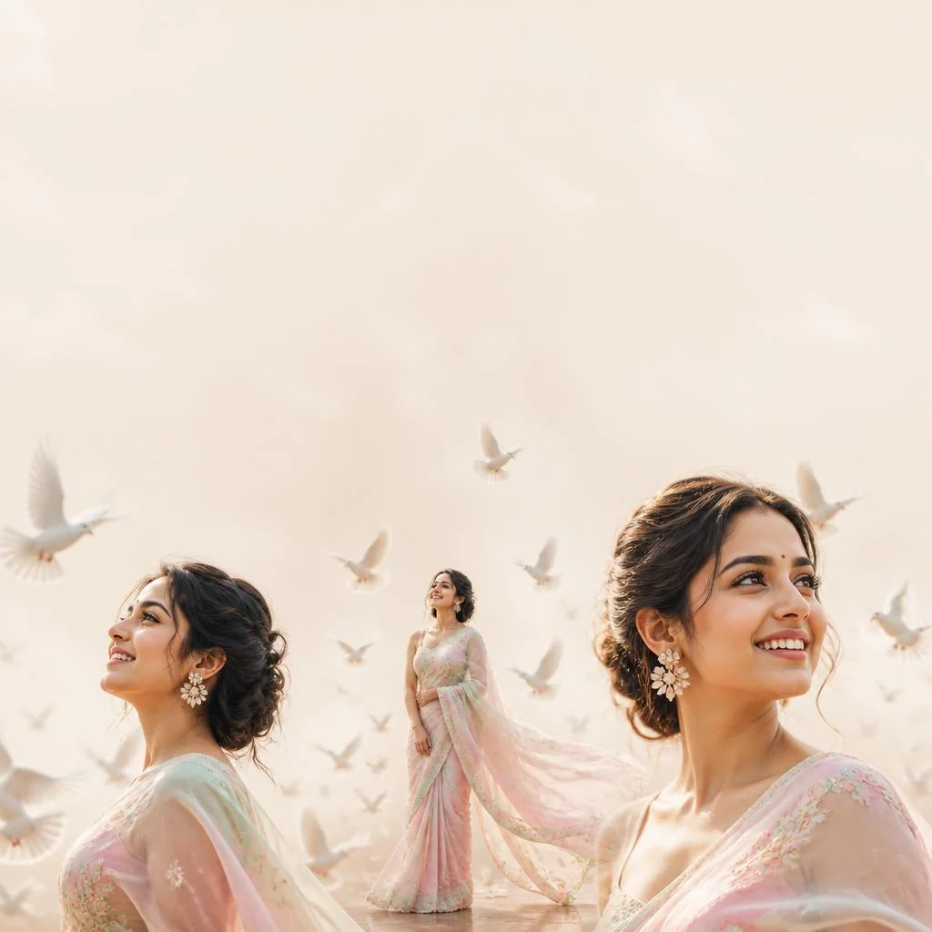 Pastel Saree Whirling White Doves Lite Background Cinematic Prompt | Kurti Prompt For Girl