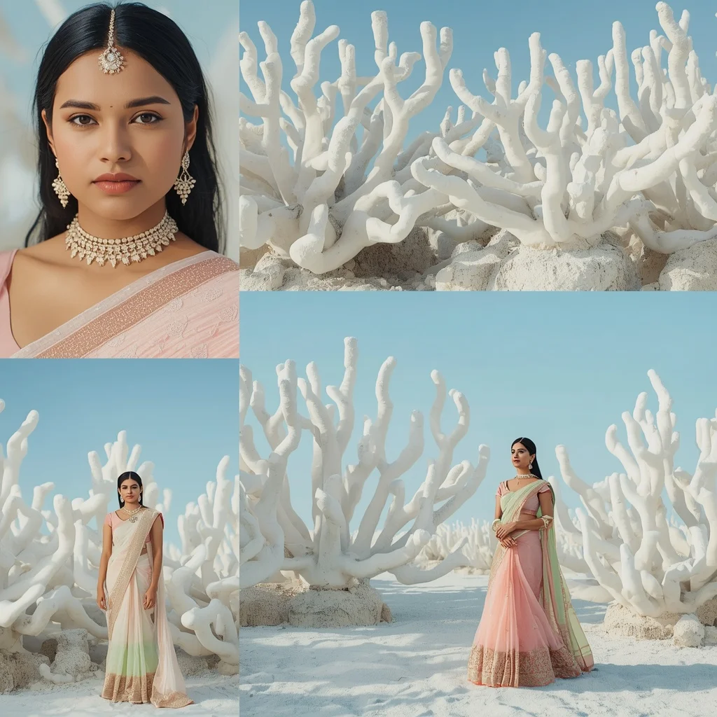 Pastel Saree White Coral Reef Lite Background Cinematic Prompt | Trending Prompt In Instagram Ai Photo