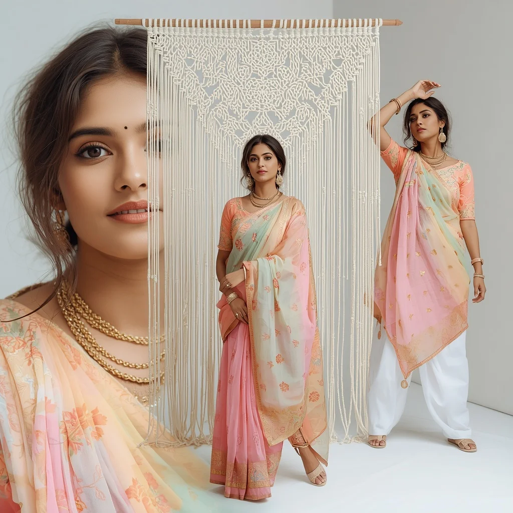 Pastel Saree Woven Macrame Backdrop Lite Background Cinematic Prompt | Ultra Realistic Ai Prompt