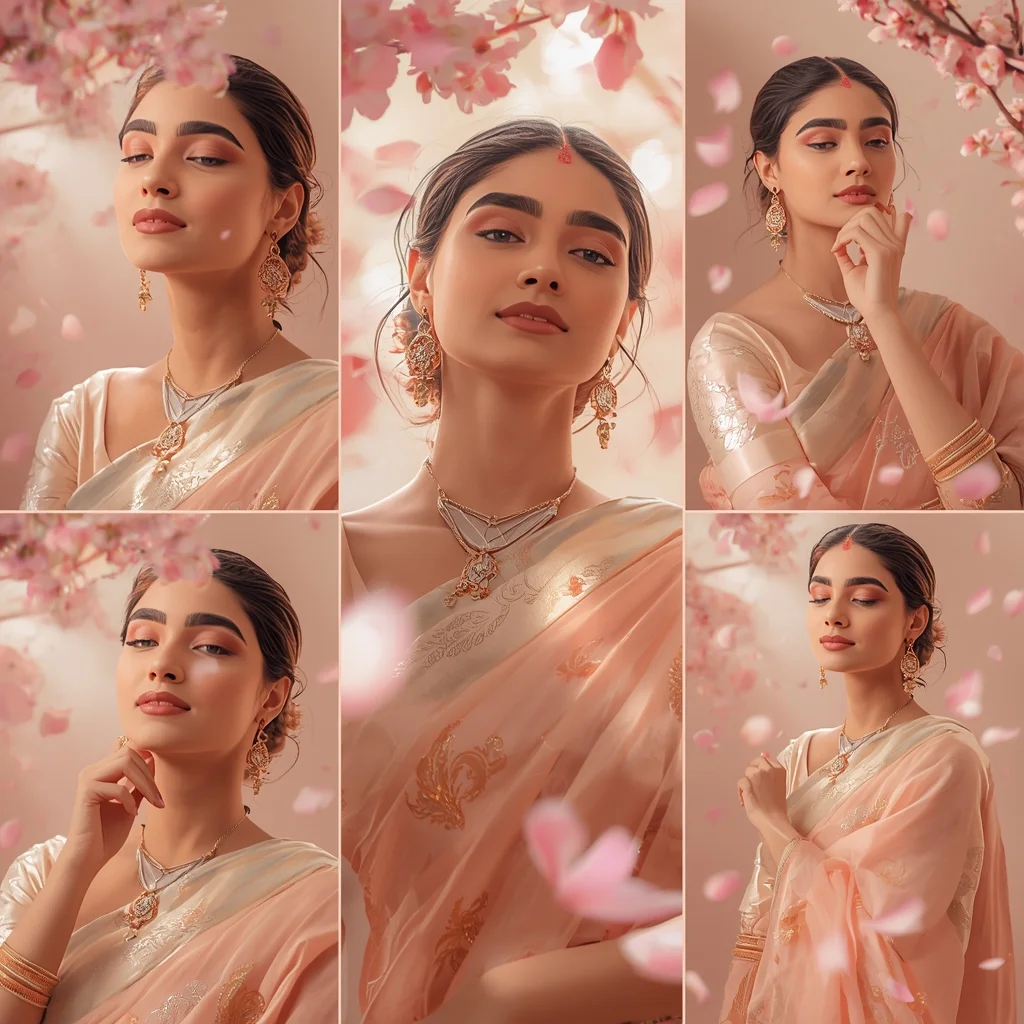Peach Blossom Storm Pastel Saree Indian Woman Dreamy Collage | Black Saree Prompt For Chatgpt