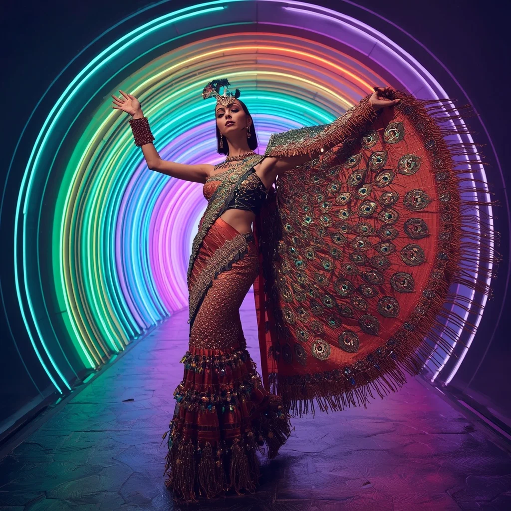 Peacock Blaze Prism Saree with Curved Neon Infinity Palace | Gemini Ai Photo