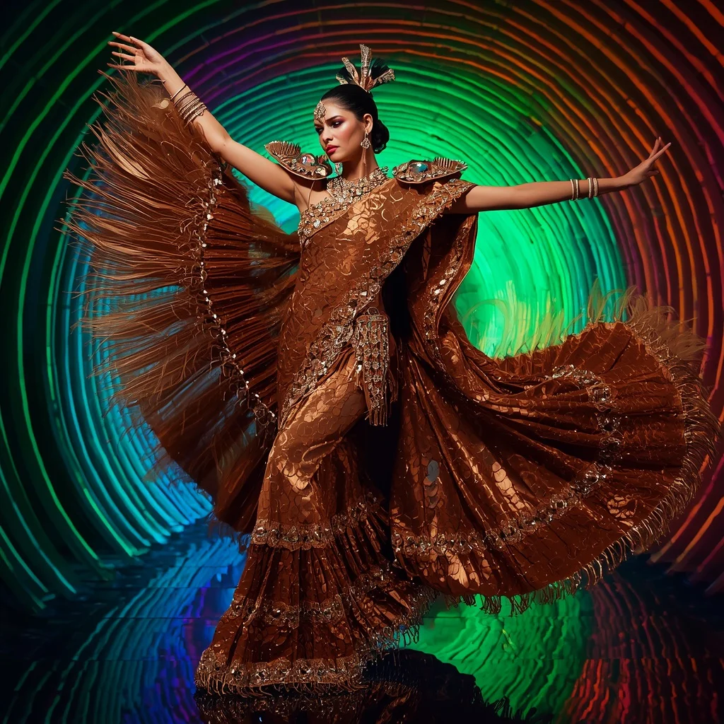 Peacock Blaze Royale Saree with Curved Neon Infinity Kingdom | Instagram Viral Photo Prompt