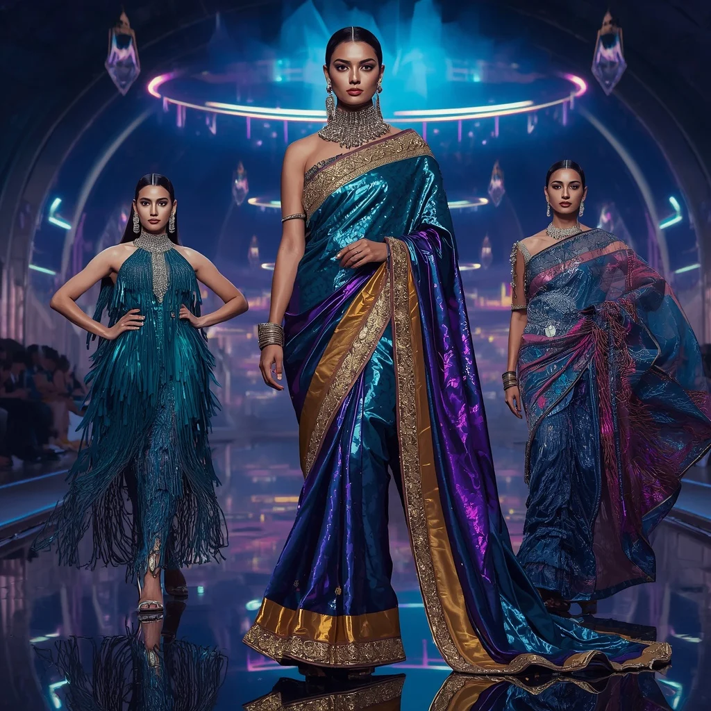 Peacock Crystal Flame Saree with Floating Prism Orbit Fortress | Beautiful Woman Ai Prompt