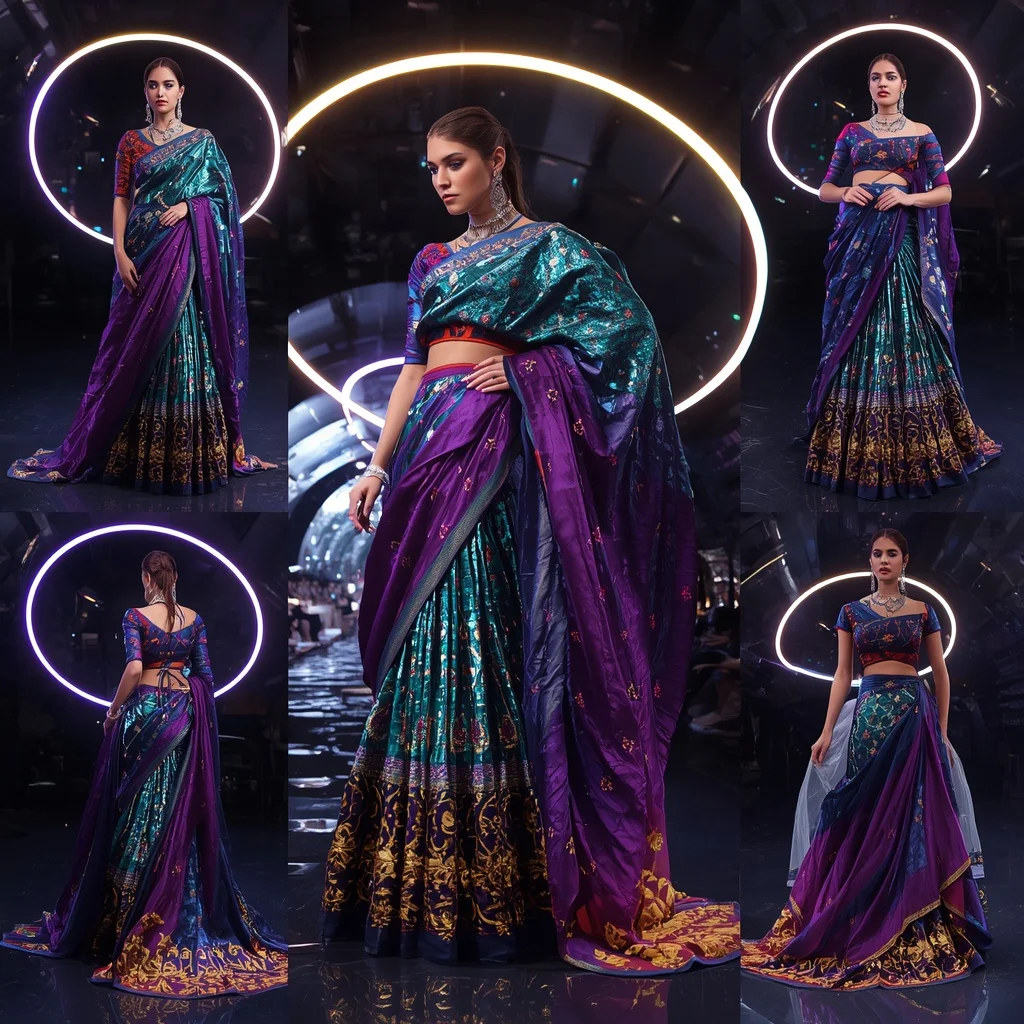 Peacock Crystal Flame Saree with Floating Prism Rings | Ai Image Prompt