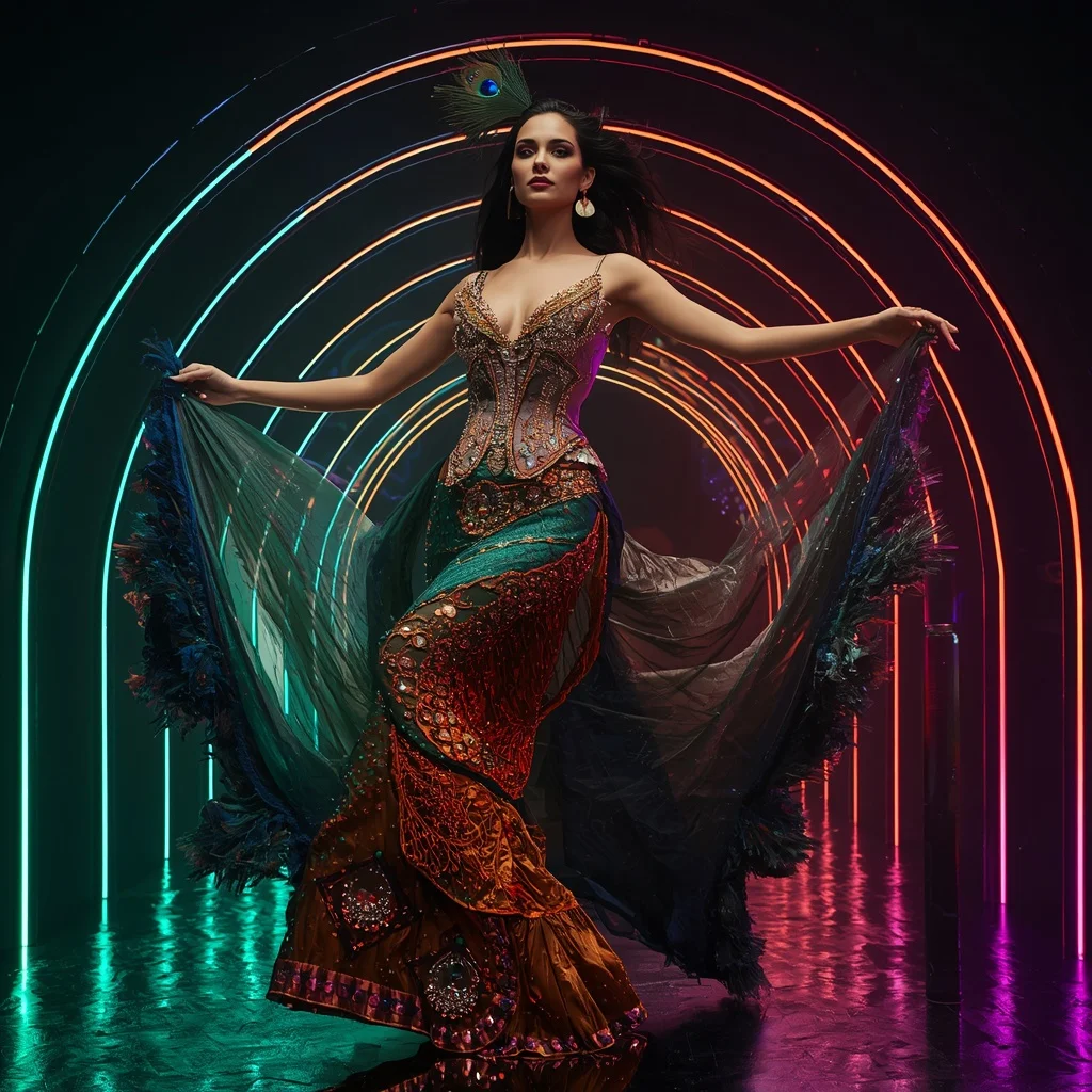 Peacock Phoenix Flame Saree with Curved Neon Sanctuary | Viral Instagram Ai Prompt