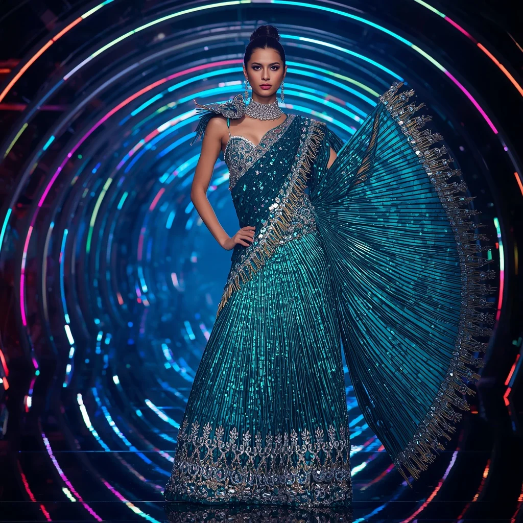 Peacock Prism Empress Saree with Infinity Neon Spiral Reflection Hall | South Indian Prompt For Girl ChatGPT