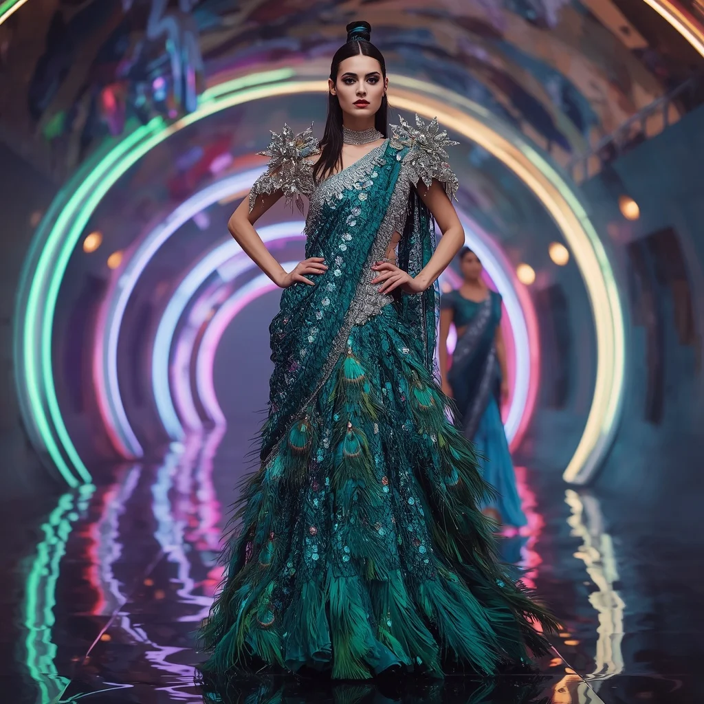 Peacock Prism Fantasy Saree with Infinity Neon Observatory | Gemini Prompt