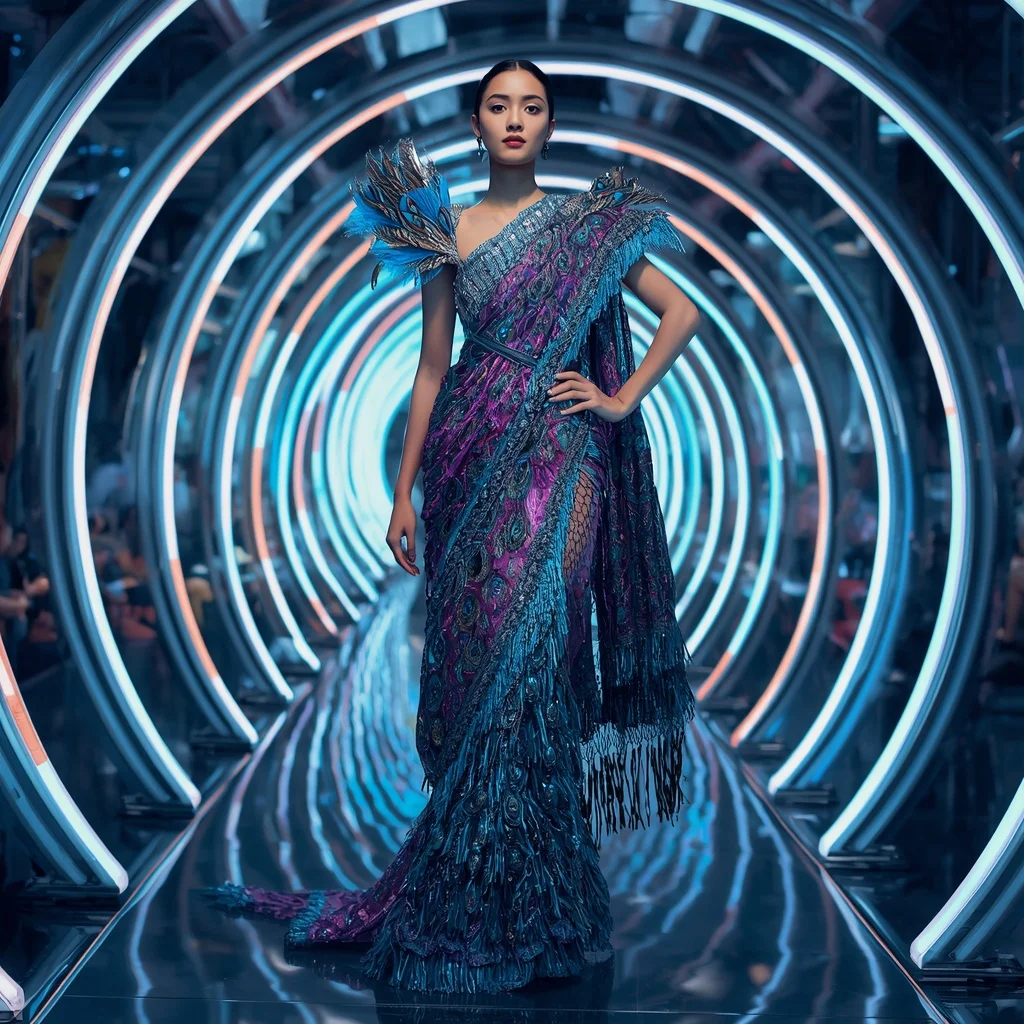 Peacock Prism Galaxy Saree with Infinity Neon Spiral Reflection Corridor | Profile Picture Ai Prompt