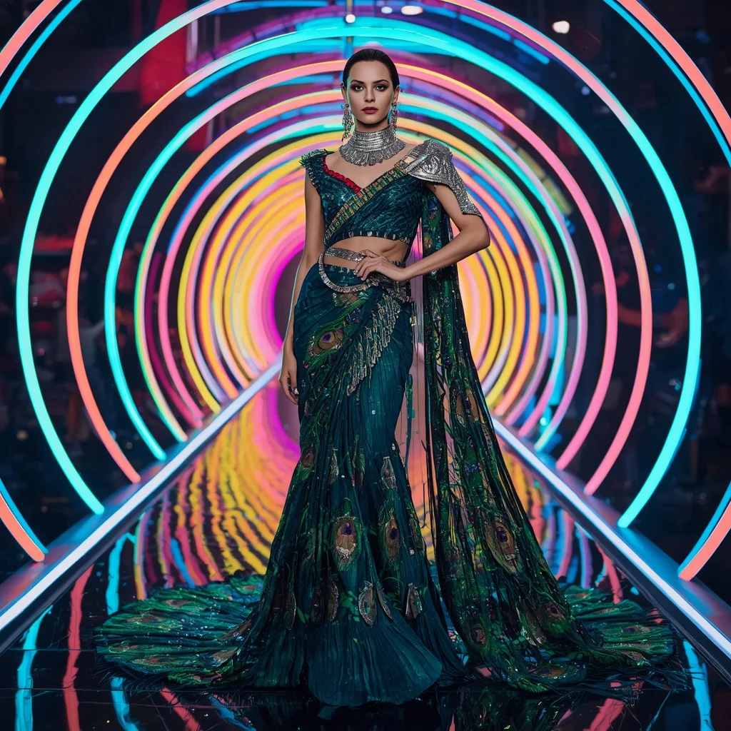 Peacock Prism Mirage Saree with Infinity Neon Spiral Reflection Tunnel | Pre Wedding Ai Prompt
