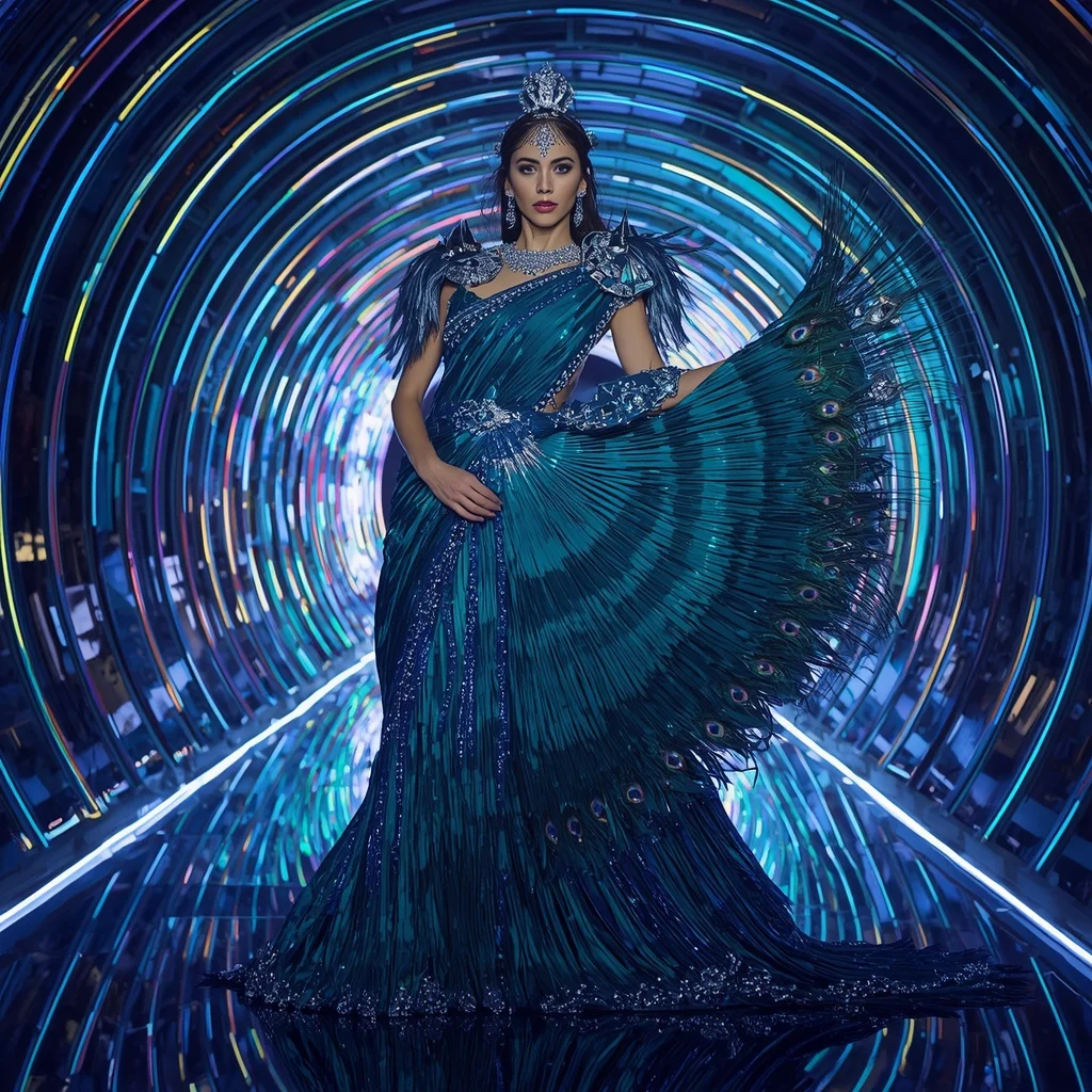 Peacock Prism Queen Saree with Infinity Neon Crystal Spiral Tunnel | Woman Pose Ai Prompt