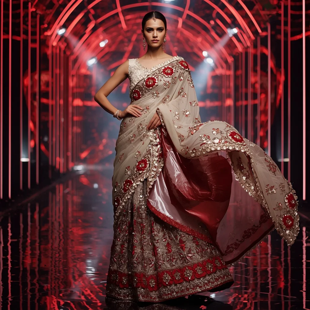 Pearl Crimson Symphony Saree with Reflection Orbit Galaxy Infinity Pavilion | Art Ai Prompt