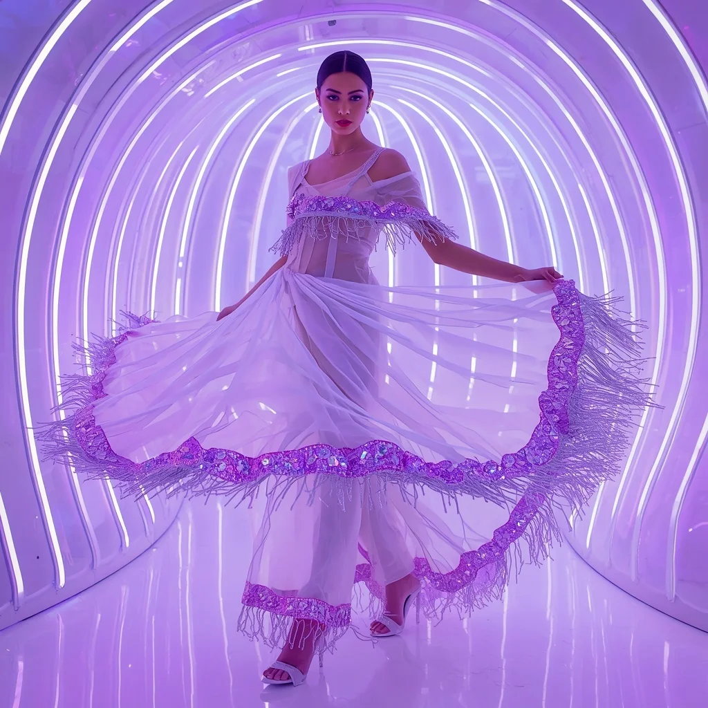 Pearl White Liquid Mesh and Neon Violet Saree in LED Chamber | Gemini Ai Prompt For Girl