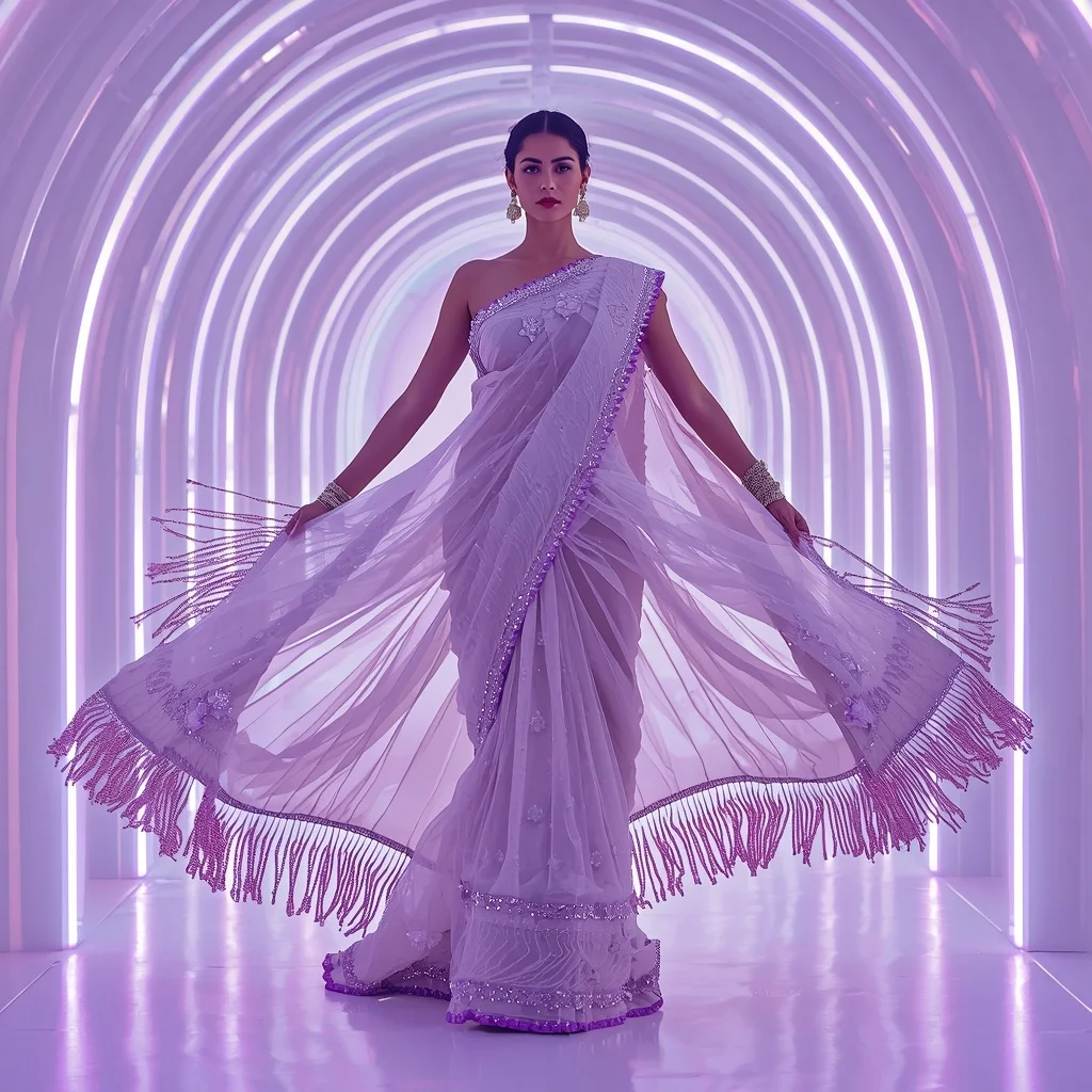 Pearl White Liquid Mesh and Neon Violet Saree with Curved LED Chamber | Trending Prompt In Instagram Ai Photo Girls