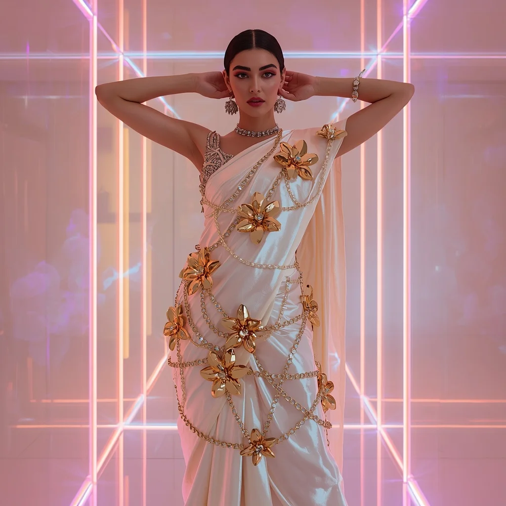 Pearl-White Liquid Satin Saree with 3D Gold Metal Flowers | Ai Prompt Generator Free