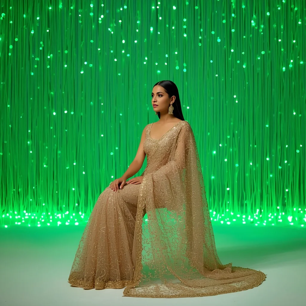 Pearlized Champagne Mesh Saree – Invisible Chair Pose with Emerald Fiber Optics | Prompt Seen Girl Photo Editing ChatGPT