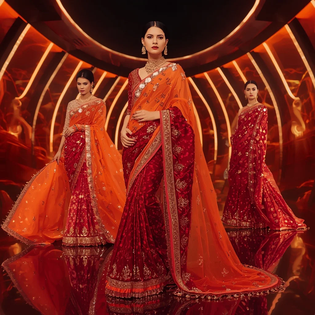 Phoenix Prism Empress Saree with Curved Flame Orbit Hall | Prompt Seen Trending Girl