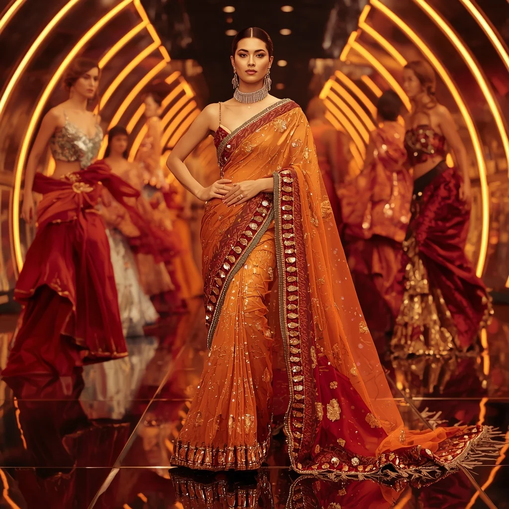 Phoenix Prism Queen Saree with Curved Flame Galaxy Hall | Pre Wedding Ai Prompt