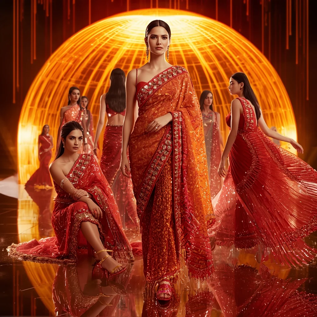 Phoenix Prism Queen Saree with Curved Flame Infinity Crystal Dome | Prompt Generator