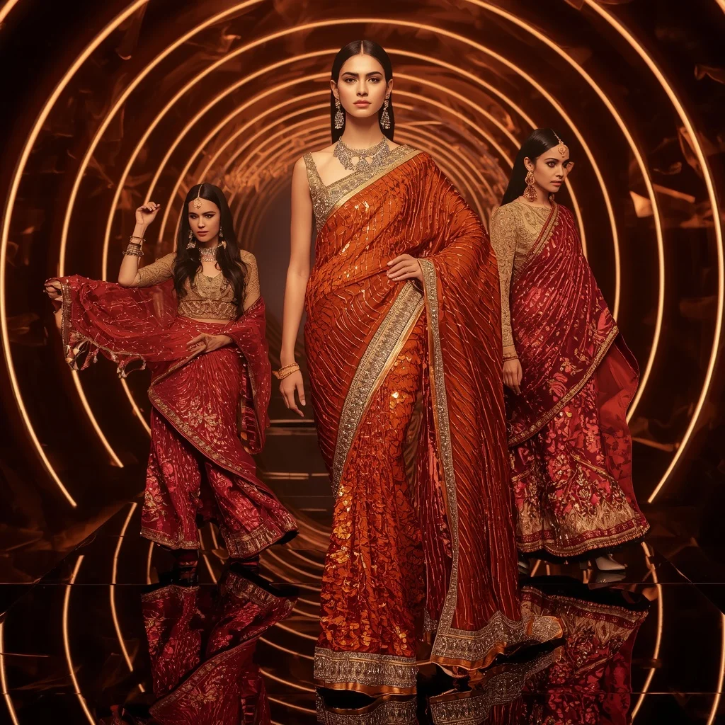 Phoenix Prism Queen Saree with Curved Flame Infinity Orbit Hall | Pre Wedding Ai Prompt