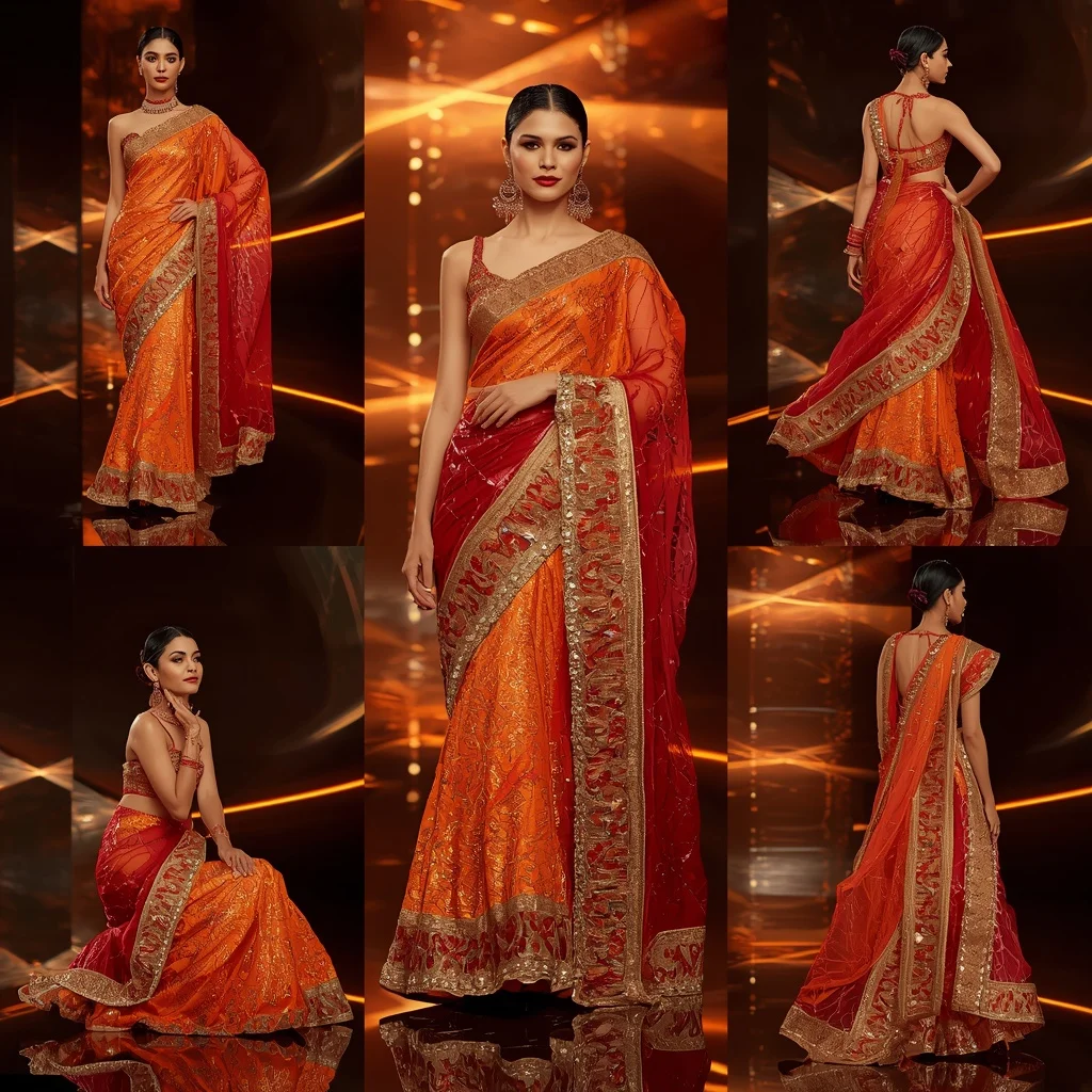 Phoenix Prism Queen Saree with Curved Flame Monolith | Cute Ai Prompt