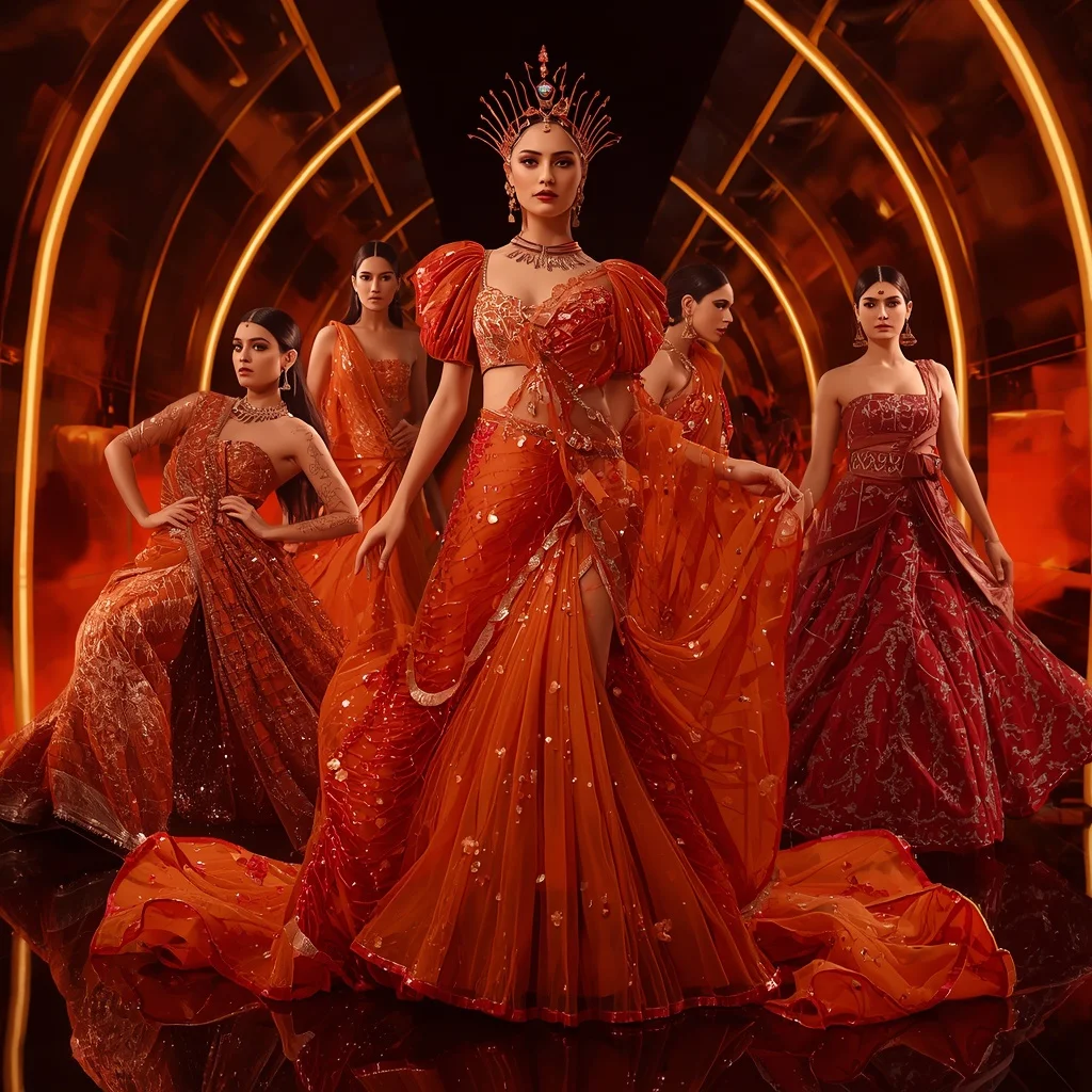 Phoenix Prism Queen Saree with Curved Flame Palace | Aesthetic Ai Prompt