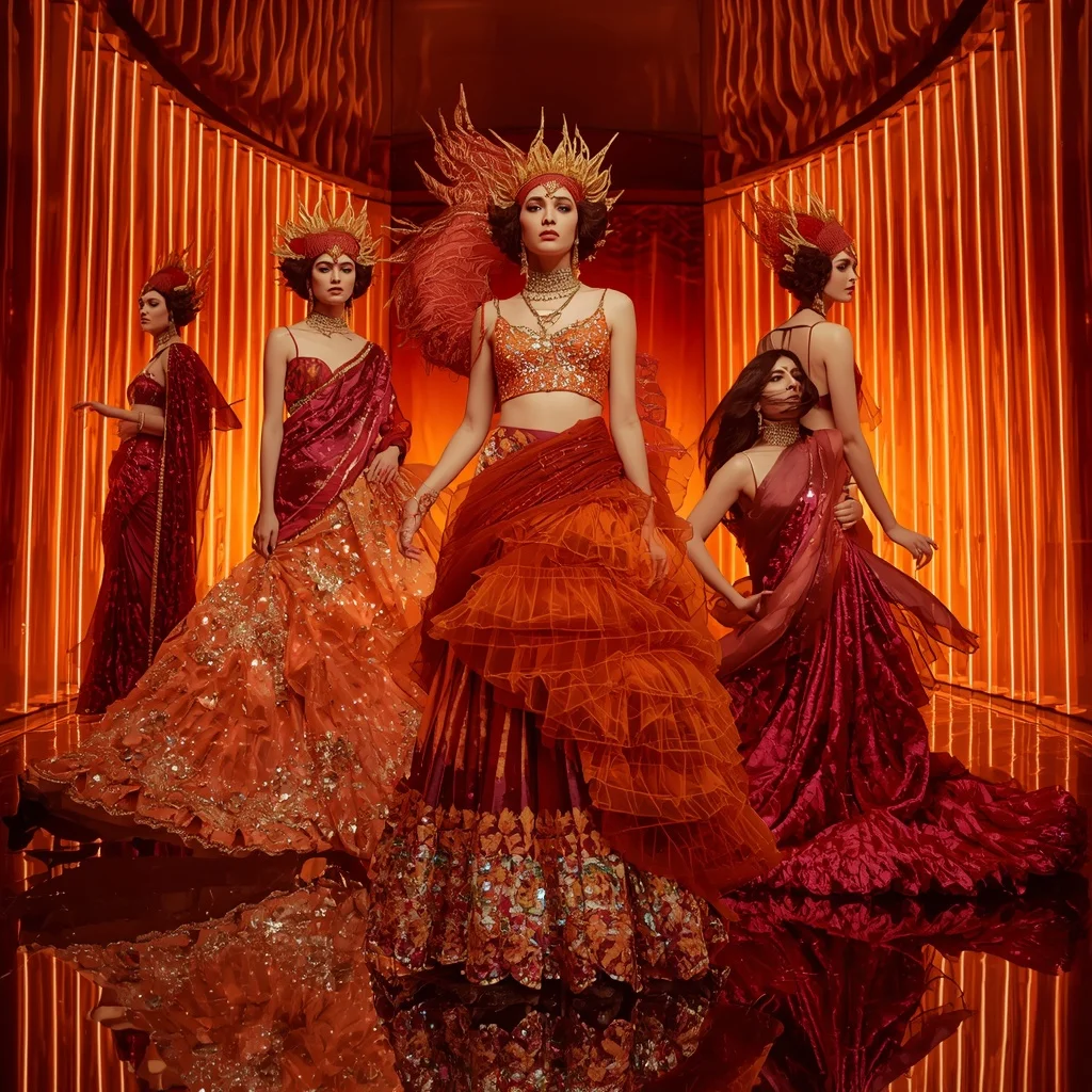 Phoenix Prism Queen Saree with Curved Flame Palace | Ai Photo Prompt