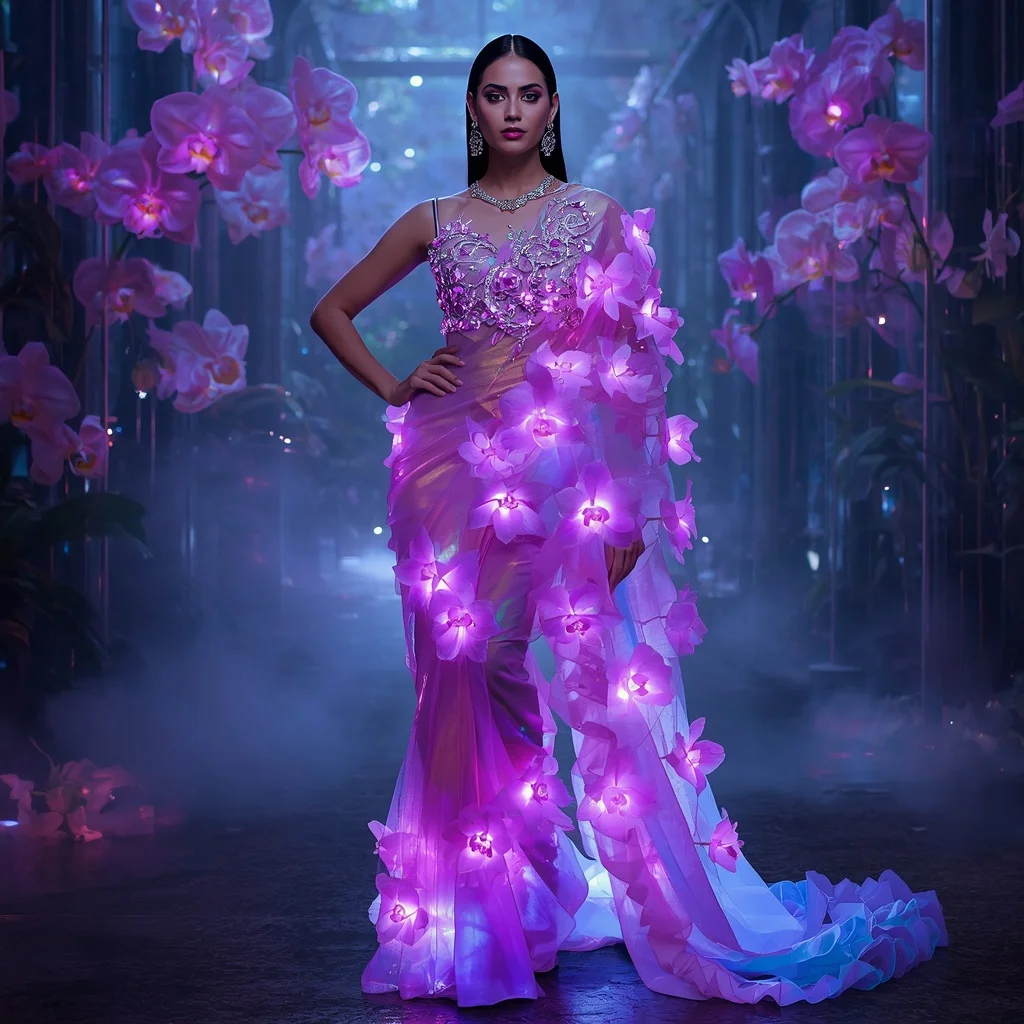 Plasma Orchid Saree with Living Energy Flower Drapes | Selfie Prompt