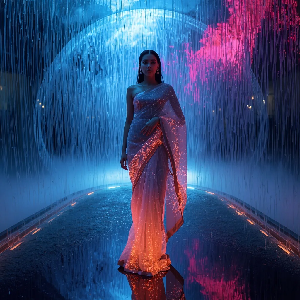 Plasma Rain Silk Saree with Floating Liquid Sky | ChatGPT Photo Editing Prompts For Girl