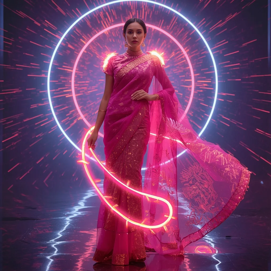 Plasma Ribbon Explosion Saree with Energy Spiral Dome | Viral Instagram Ai Prompt