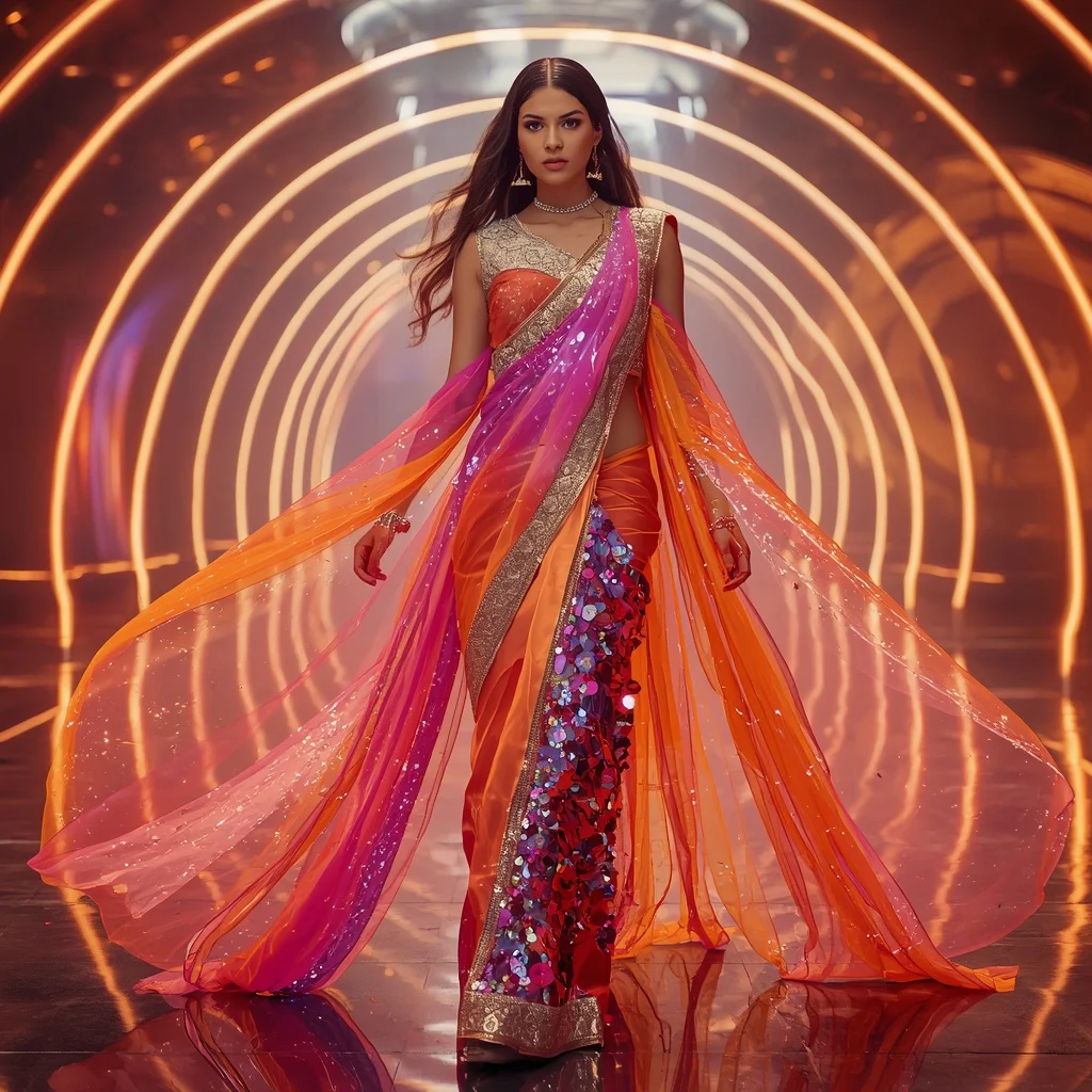 Plasma Silk Mirage Saree with Energy Horizon Hall | Image To Prompt